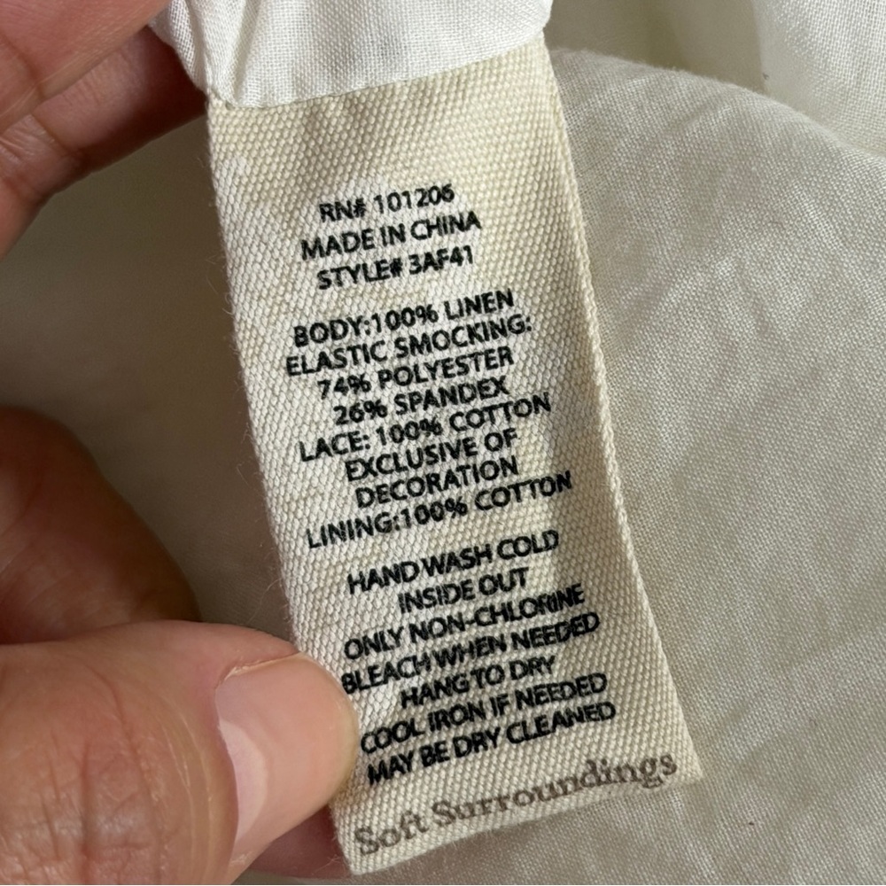 Soft Surroundings MEDIUM PETITE White Linen Smocked Midi Dress Battenberg Lace - Picture 8 of 12